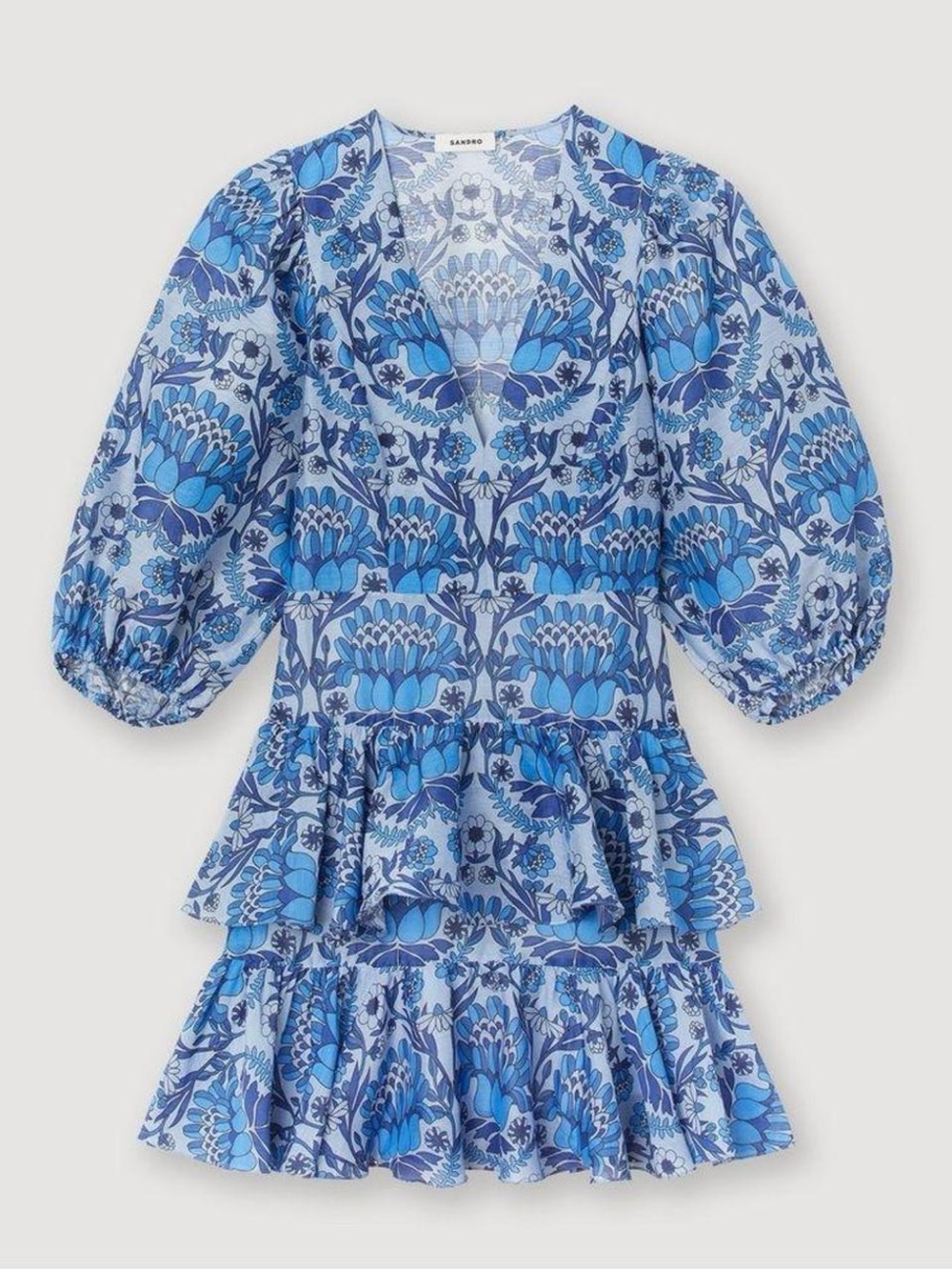 Sandro Yana Blue Floral Puff-Sleeve Tiered Mini Dress (French Designer Couture)